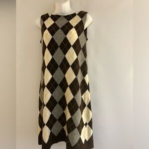 J.CREW ARGYLE MERINO WOOL BLEND SLEEVELESS SWEATER DRESS BROWN/GREY/CREAM SMALL